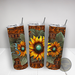 Faux tooled leather sunflower tumbler – vibrant floral coffee cup. Perfect farmhouse or western-style gift!